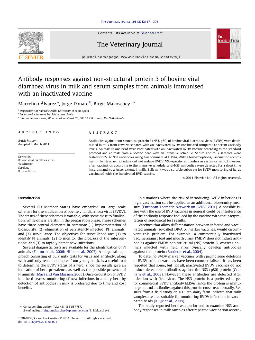 Antibody responses against non-structural protein 3 of bovine viral diarrhoea virus in milk and serum samples from animals immunised with an inactivated vaccine