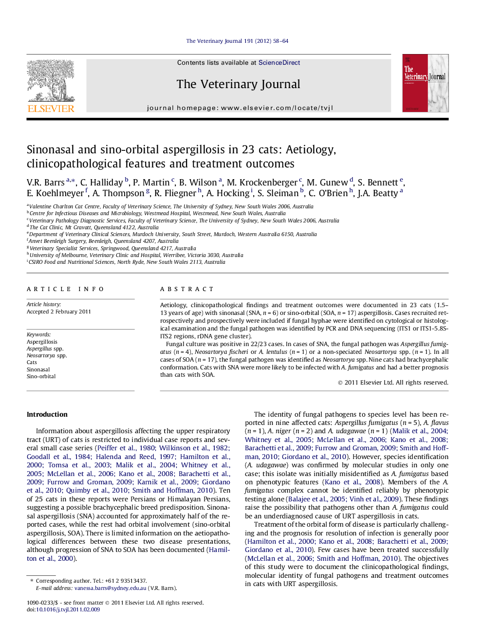 Sinonasal and sino-orbital aspergillosis in 23 cats: Aetiology, clinicopathological features and treatment outcomes