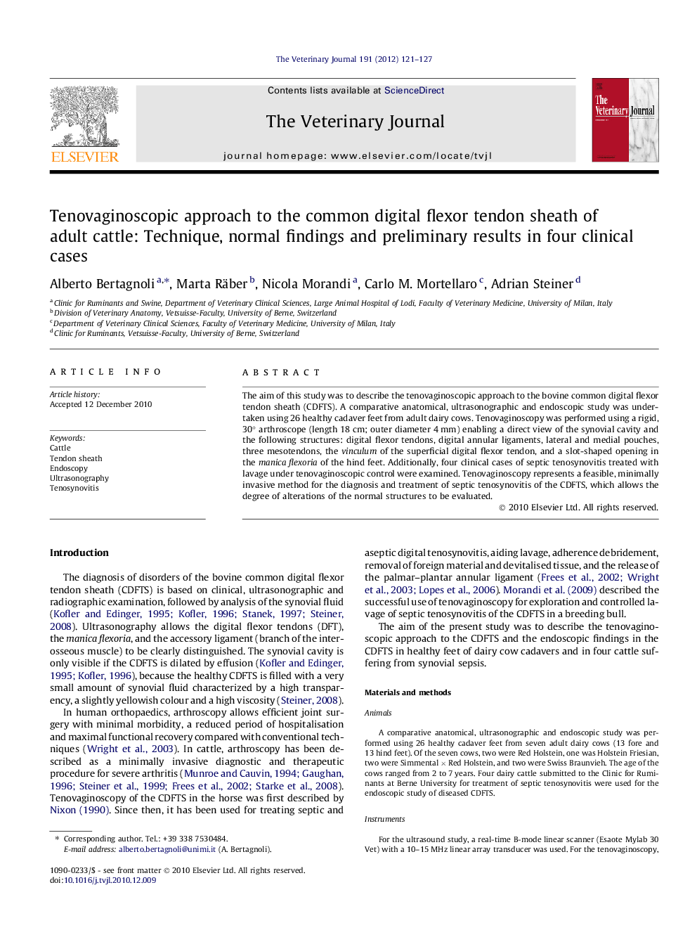 Tenovaginoscopic approach to the common digital flexor tendon sheath of adult cattle: Technique, normal findings and preliminary results in four clinical cases