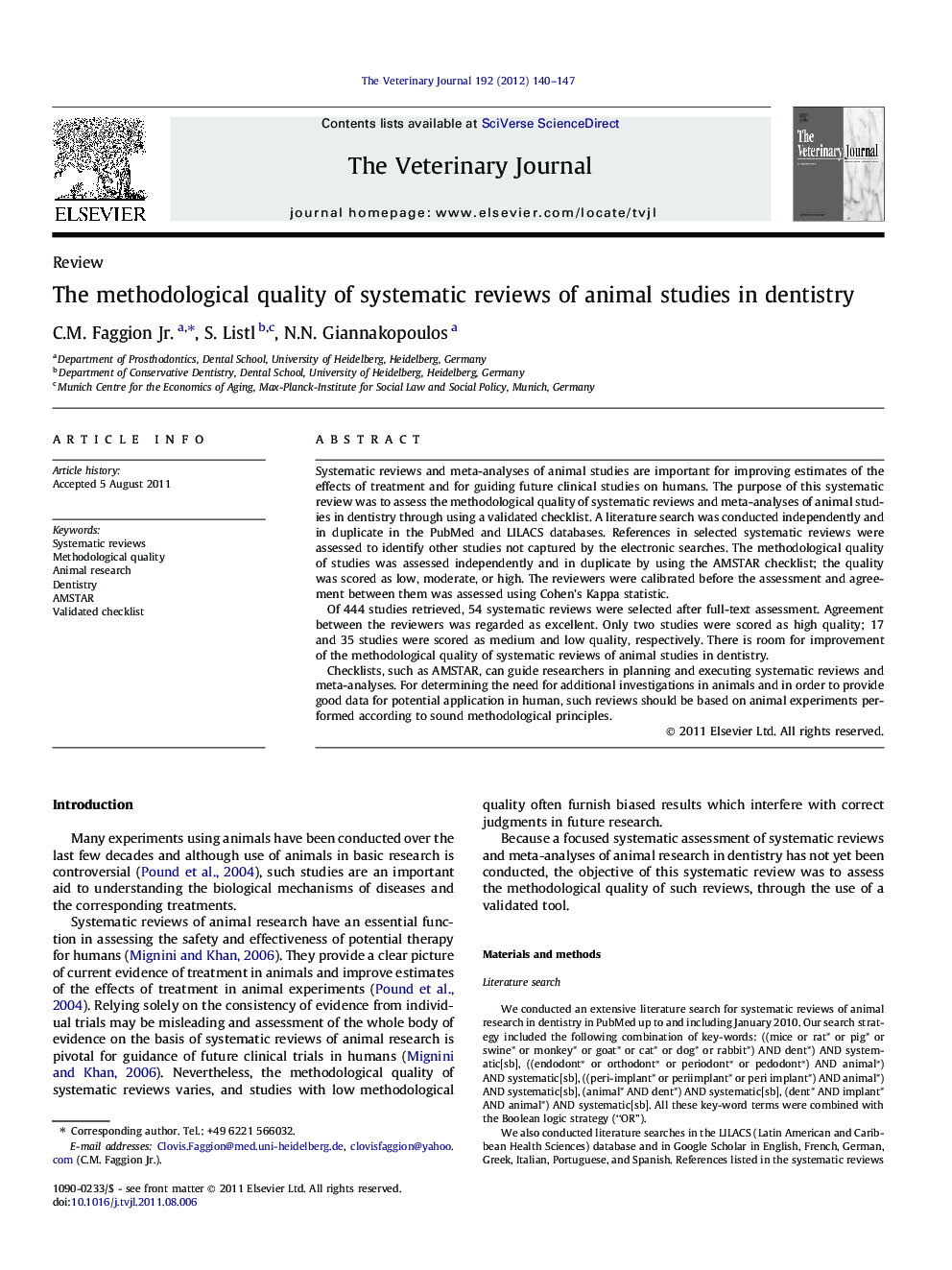 The methodological quality of systematic reviews of animal studies in dentistry