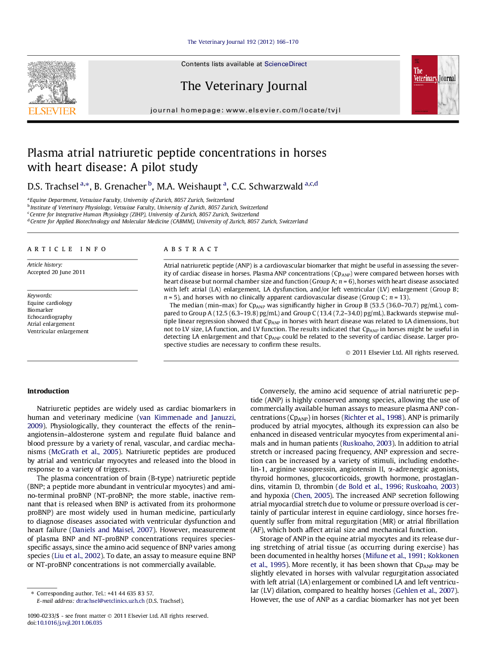 Plasma atrial natriuretic peptide concentrations in horses with heart disease: A pilot study