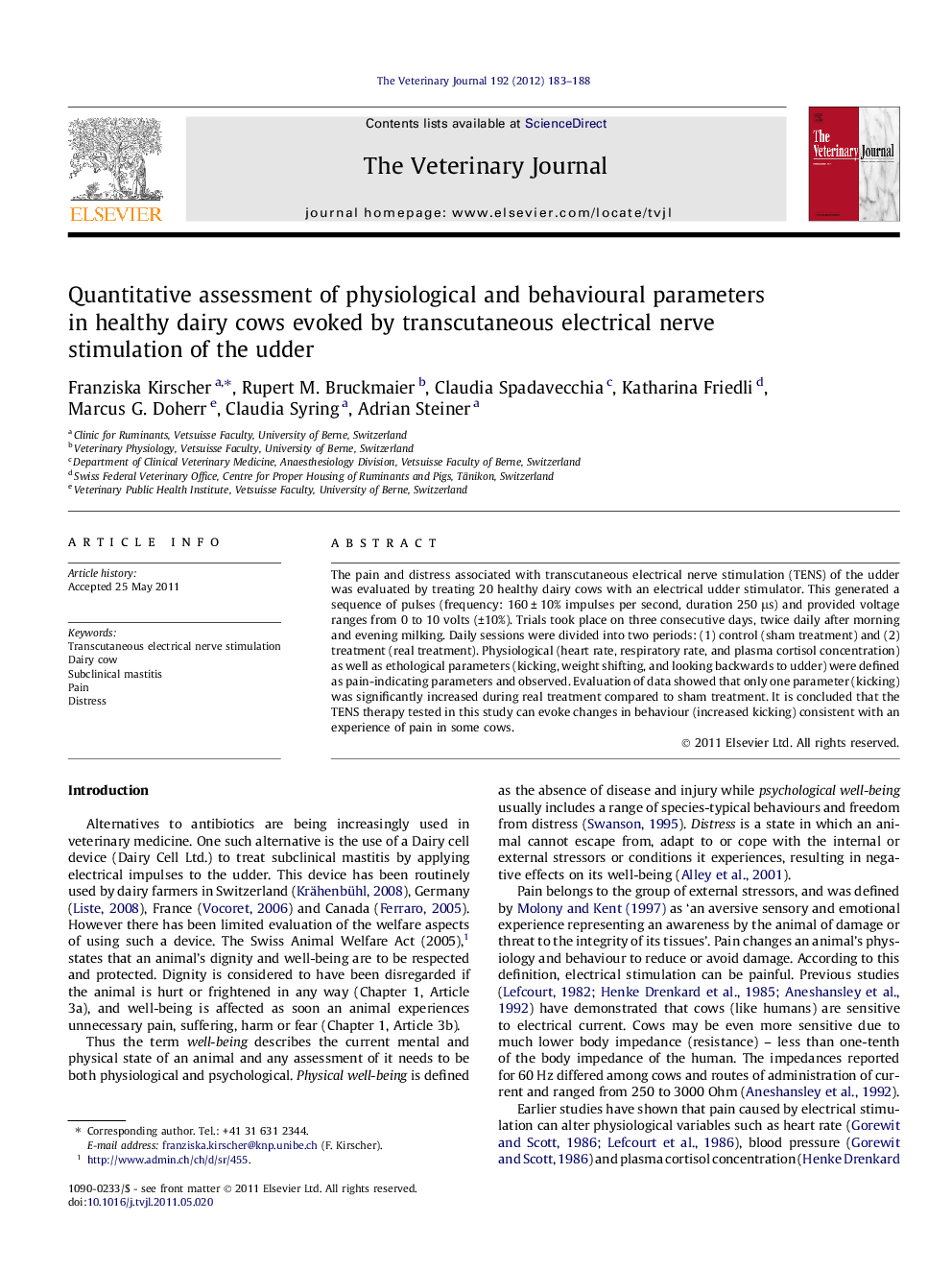 Quantitative assessment of physiological and behavioural parameters in healthy dairy cows evoked by transcutaneous electrical nerve stimulation of the udder