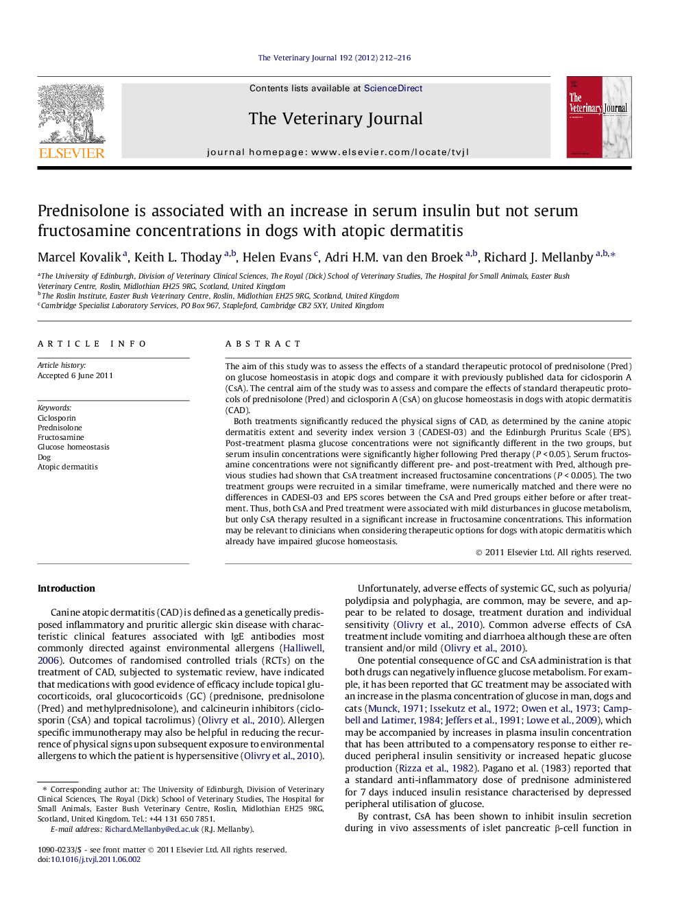 Prednisolone is associated with an increase in serum insulin but not serum fructosamine concentrations in dogs with atopic dermatitis