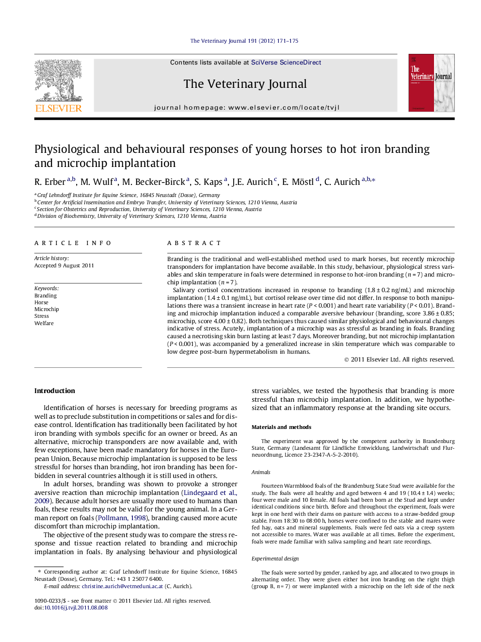 Physiological and behavioural responses of young horses to hot iron branding and microchip implantation