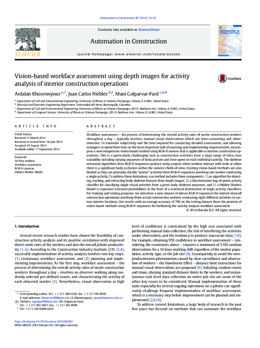 Vision-based workface assessment using depth images for activity analysis of interior construction operations