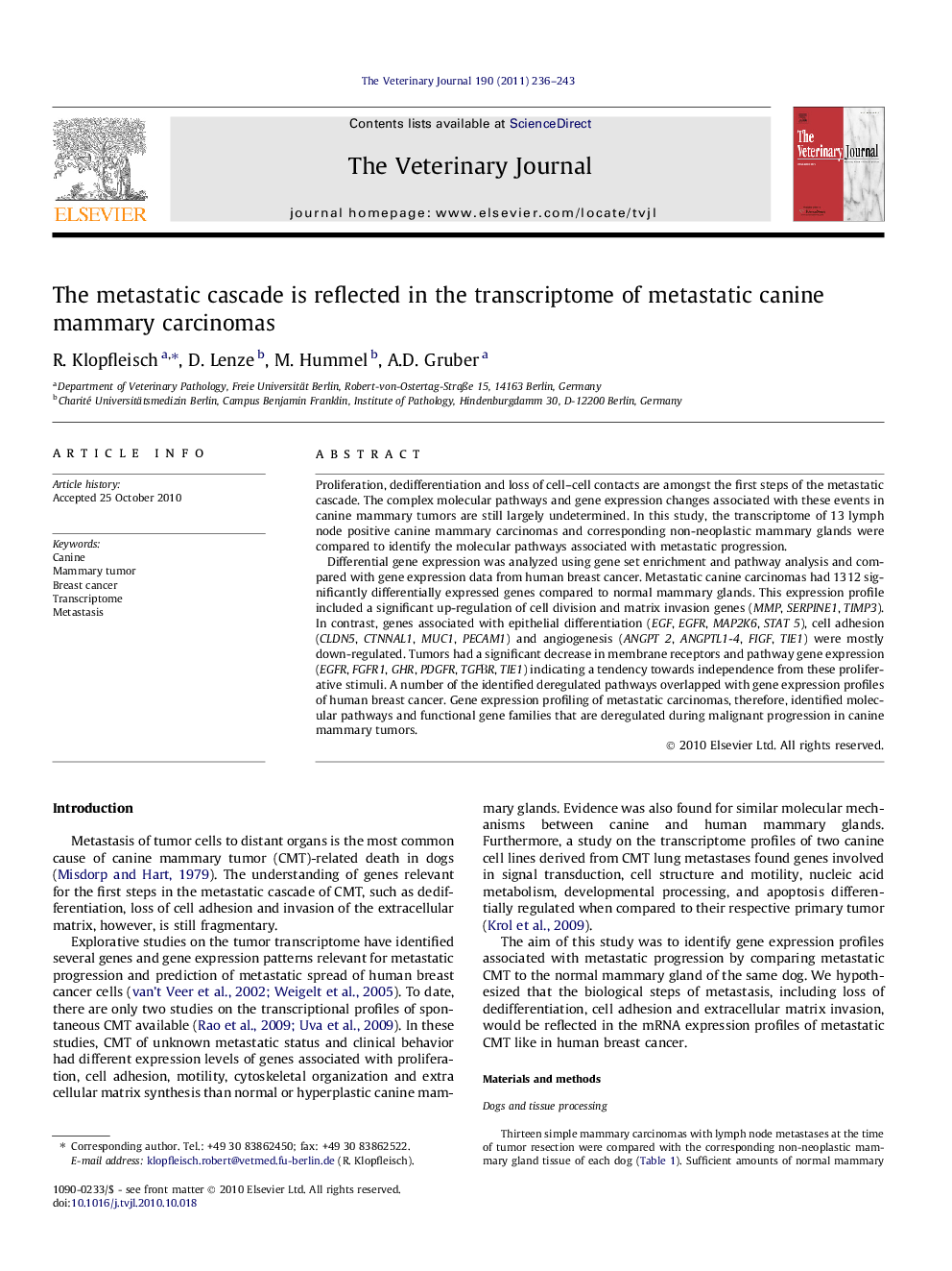 The metastatic cascade is reflected in the transcriptome of metastatic canine mammary carcinomas