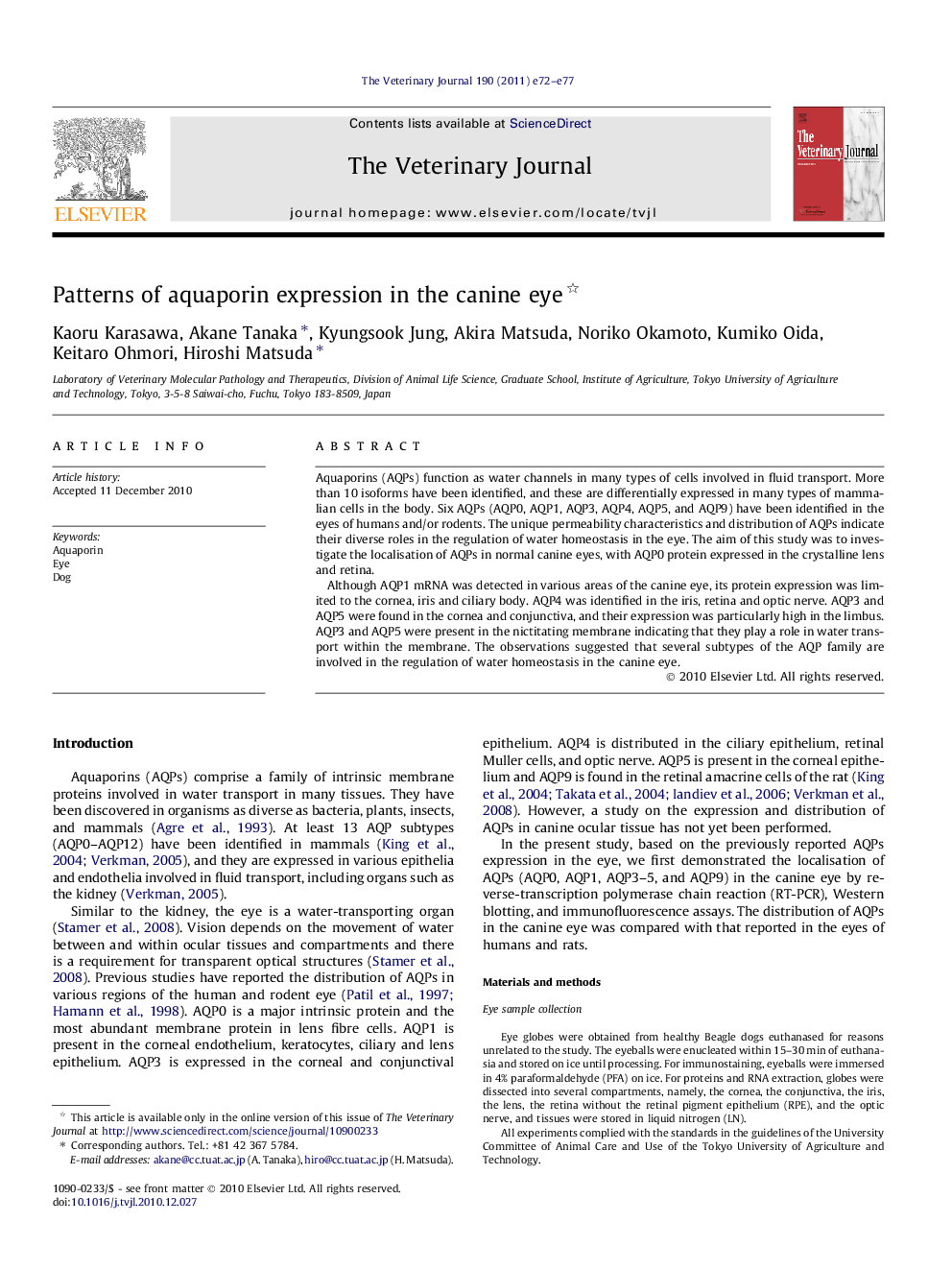 عکس صفحه اول مقاله: Patterns of aquaporin expression in the canine eye Patterns of aquaporin expression in the canine eye