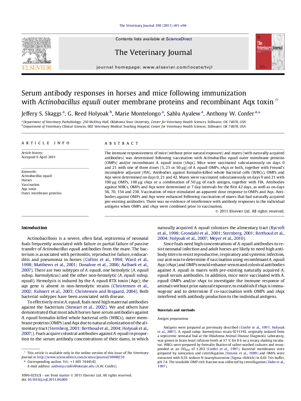 Serum antibody responses in horses and mice following immunization with Actinobacillus equuli outer membrane proteins and recombinant Aqx toxin 