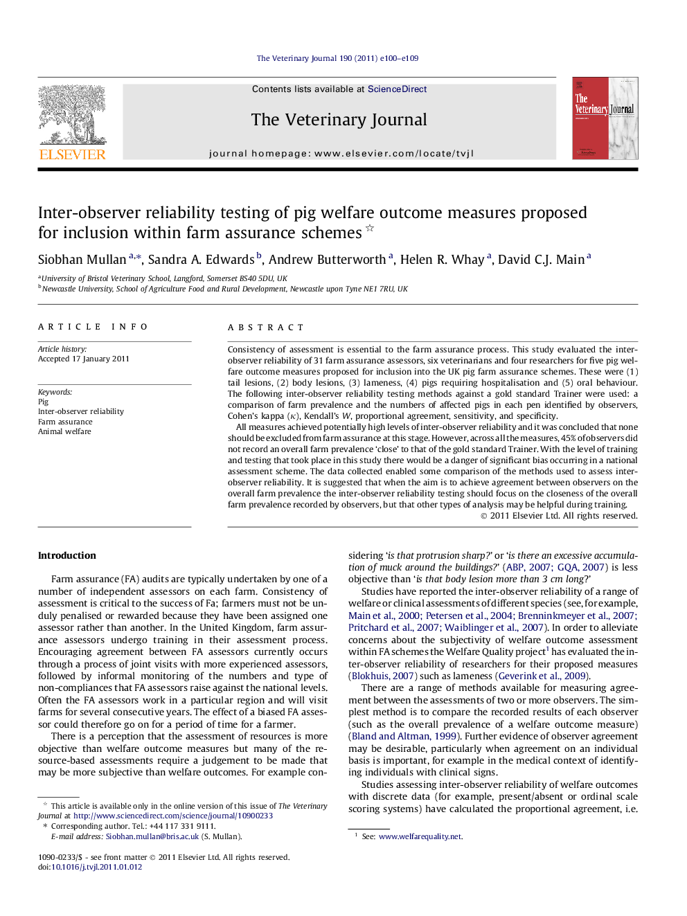 Inter-observer reliability testing of pig welfare outcome measures proposed for inclusion within farm assurance schemes 