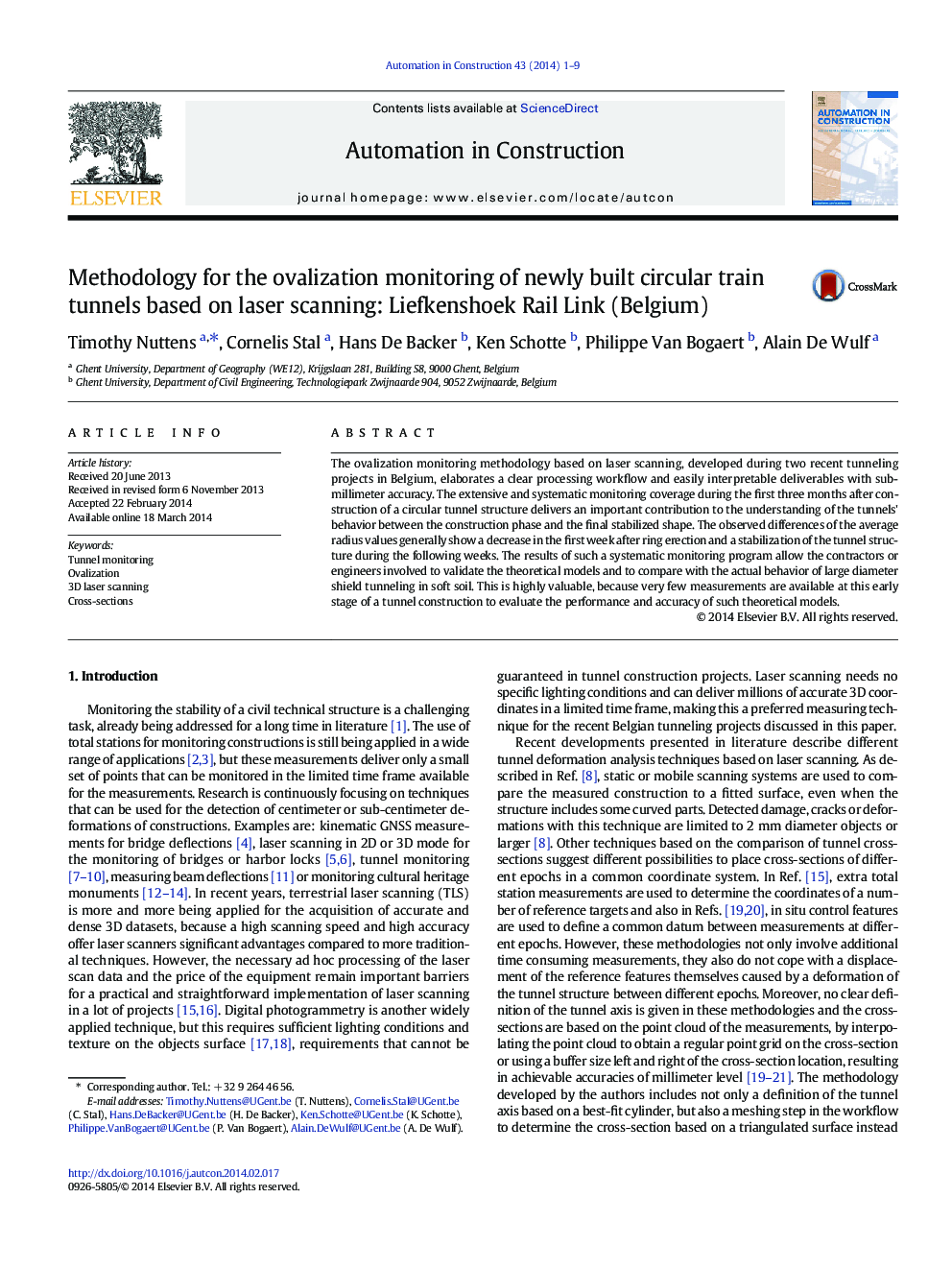 Methodology for the ovalization monitoring of newly built circular train tunnels based on laser scanning: Liefkenshoek Rail Link (Belgium)