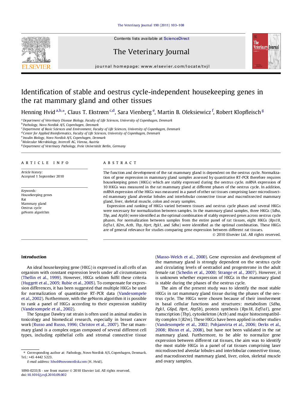 Identification of stable and oestrus cycle-independent housekeeping genes in the rat mammary gland and other tissues