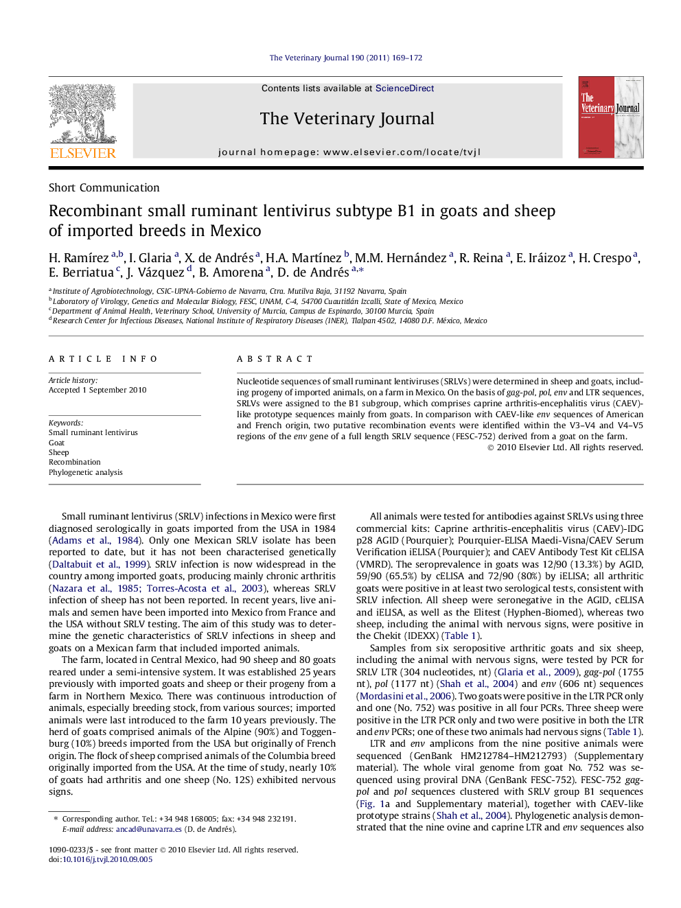 Recombinant small ruminant lentivirus subtype B1 in goats and sheep of imported breeds in Mexico