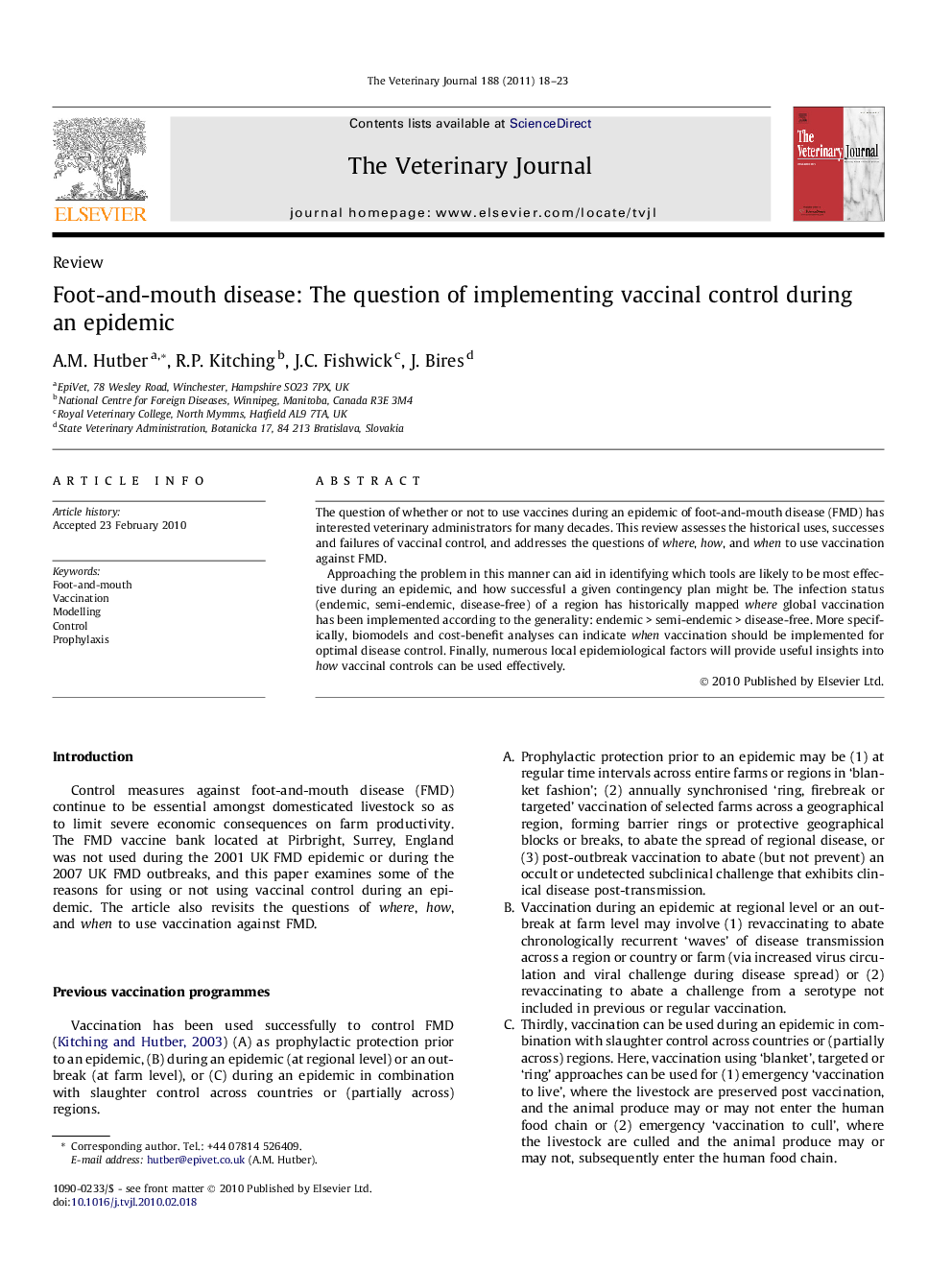 Foot-and-mouth disease: The question of implementing vaccinal control during an epidemic