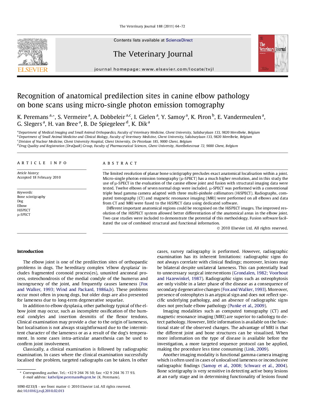 Recognition of anatomical predilection sites in canine elbow pathology on bone scans using micro-single photon emission tomography