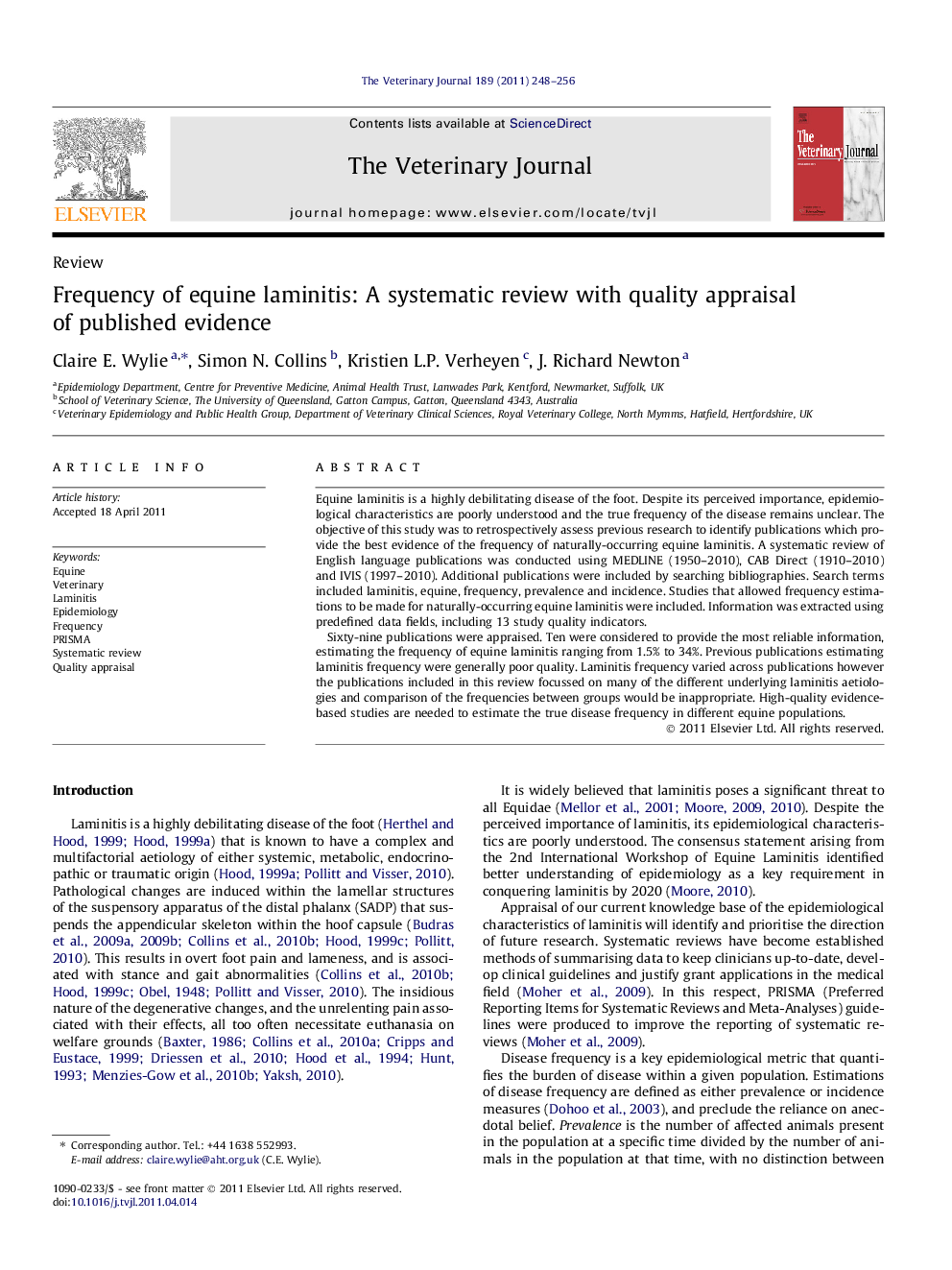 Frequency of equine laminitis: A systematic review with quality appraisal of published evidence