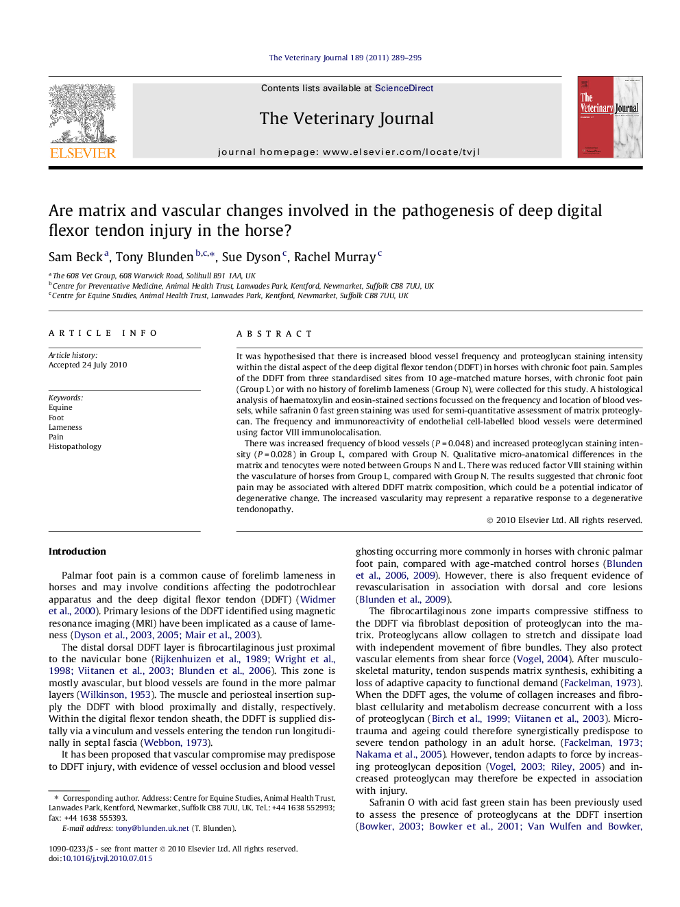 عکس صفحه اول مقاله: Are matrix and vascular changes involved in the pathogenesis of deep digital flexor tendon injury in the horse? Are matrix and vascular changes involved in the pathogenesis of deep digital flexor tendon injury in the horse?