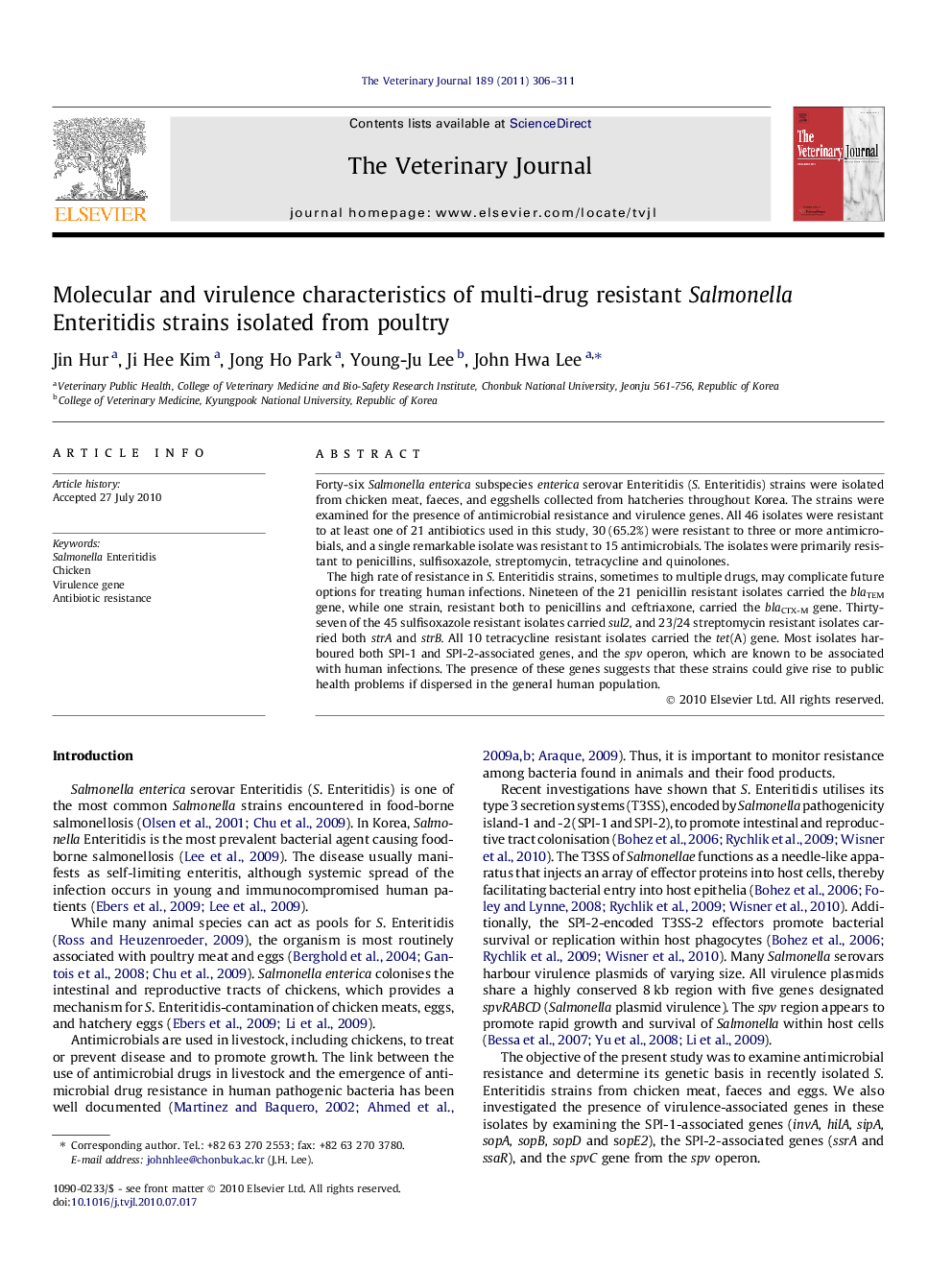 Molecular and virulence characteristics of multi-drug resistant Salmonella Enteritidis strains isolated from poultry