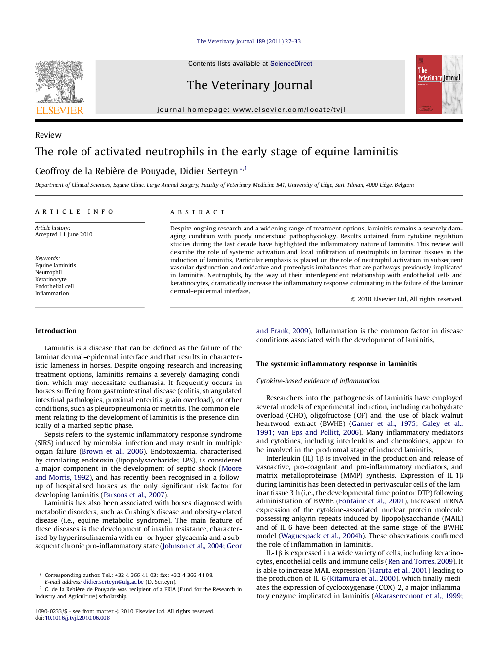 The role of activated neutrophils in the early stage of equine laminitis