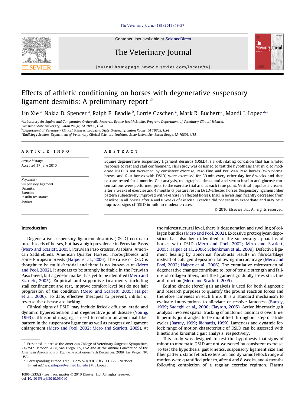 Effects of athletic conditioning on horses with degenerative suspensory ligament desmitis: A preliminary report 