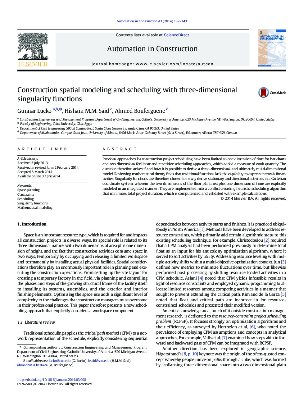 Construction spatial modeling and scheduling with three-dimensional singularity functions