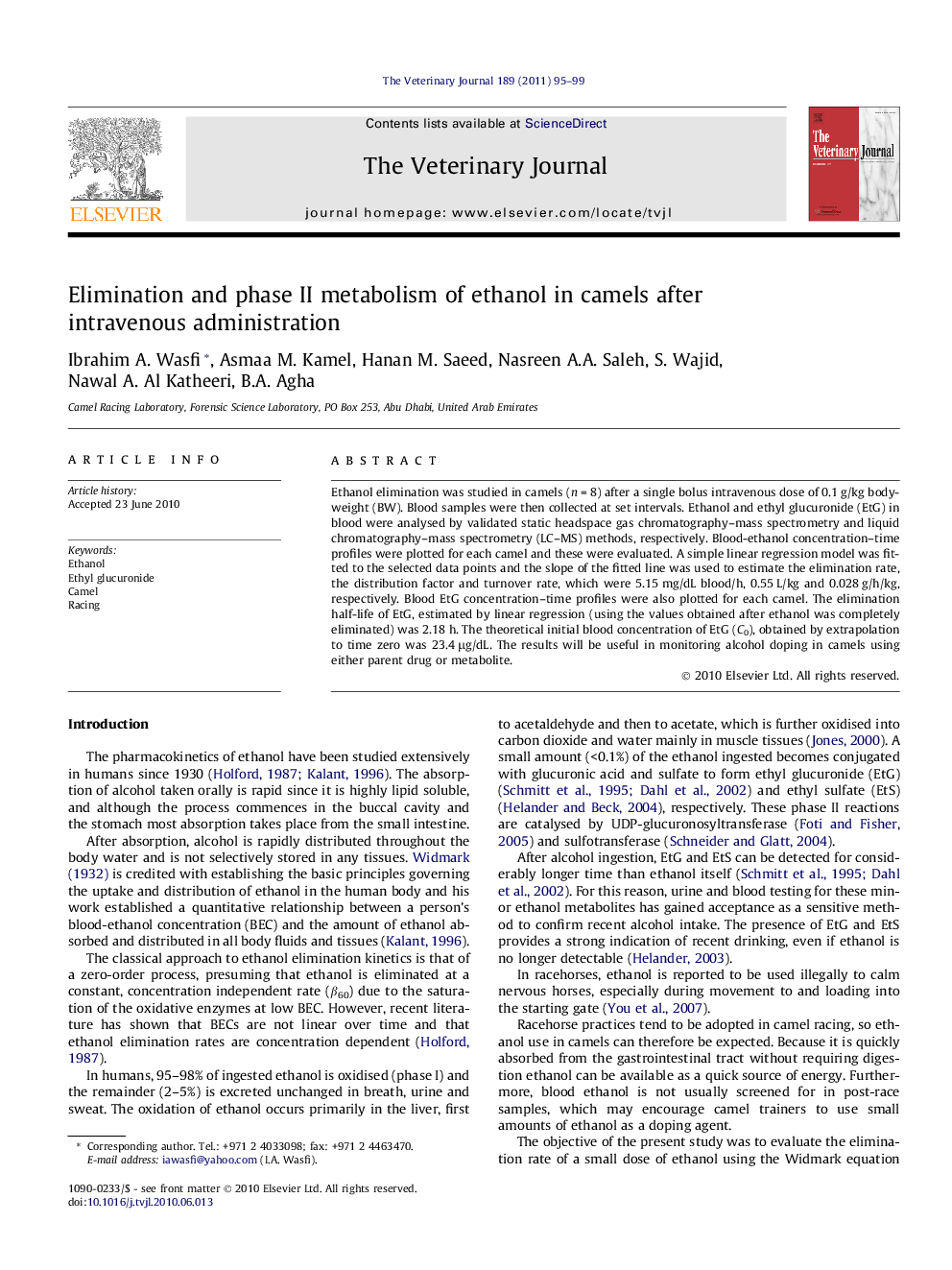 Elimination and phase II metabolism of ethanol in camels after intravenous administration