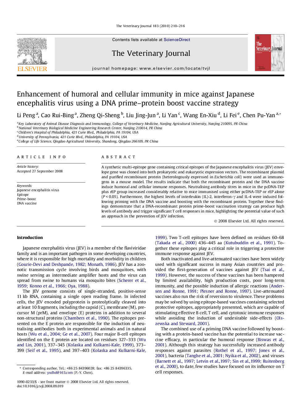 Enhancement of humoral and cellular immunity in mice against Japanese encephalitis virus using a DNA prime–protein boost vaccine strategy