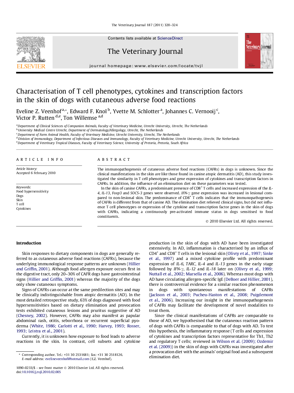 Characterisation of T cell phenotypes, cytokines and transcription factors in the skin of dogs with cutaneous adverse food reactions