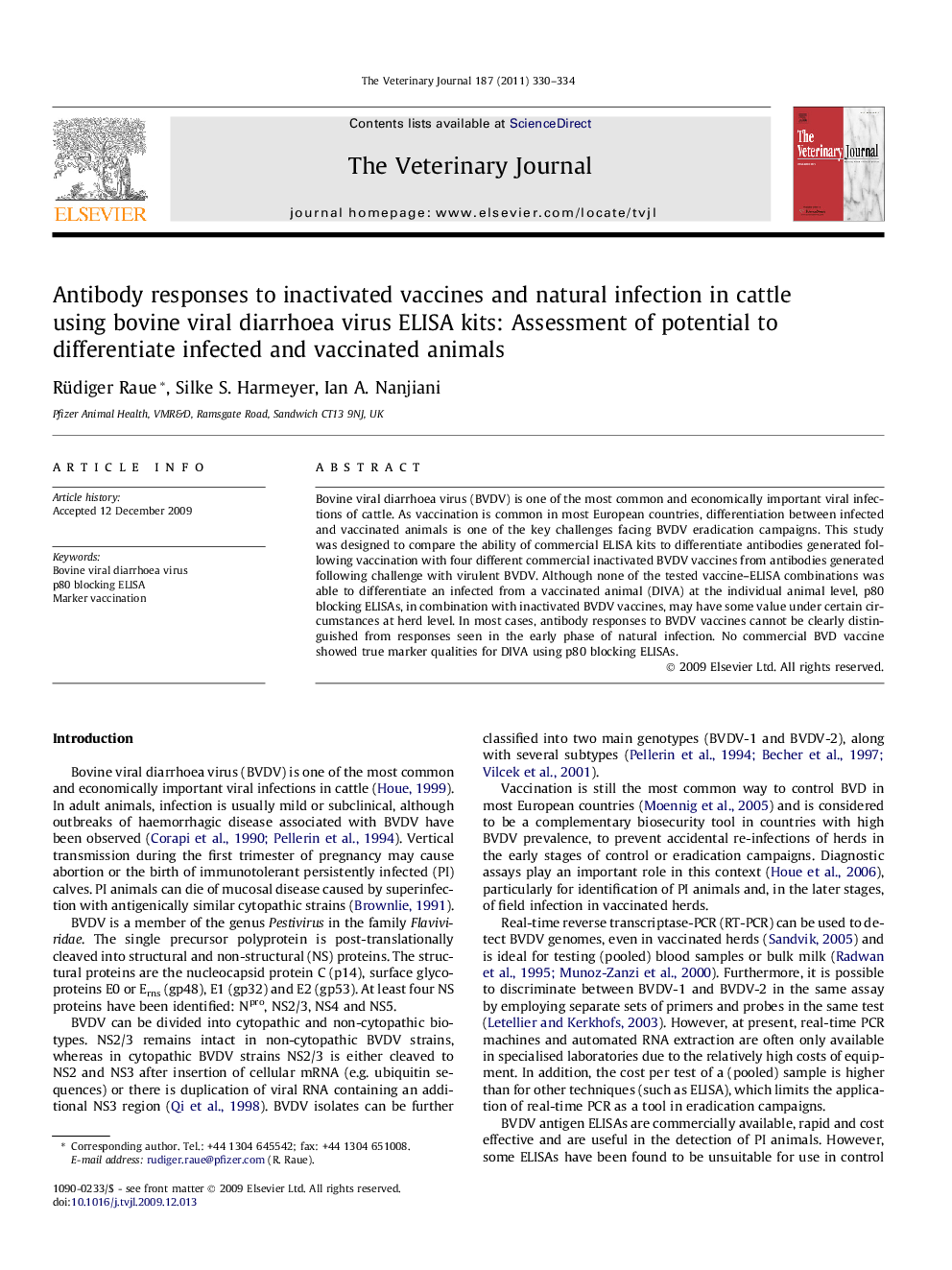 Antibody responses to inactivated vaccines and natural infection in cattle using bovine viral diarrhoea virus ELISA kits: Assessment of potential to differentiate infected and vaccinated animals