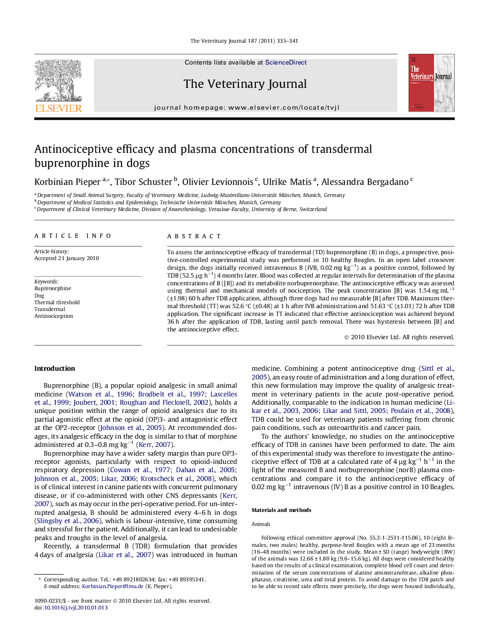 Antinociceptive efficacy and plasma concentrations of transdermal buprenorphine in dogs