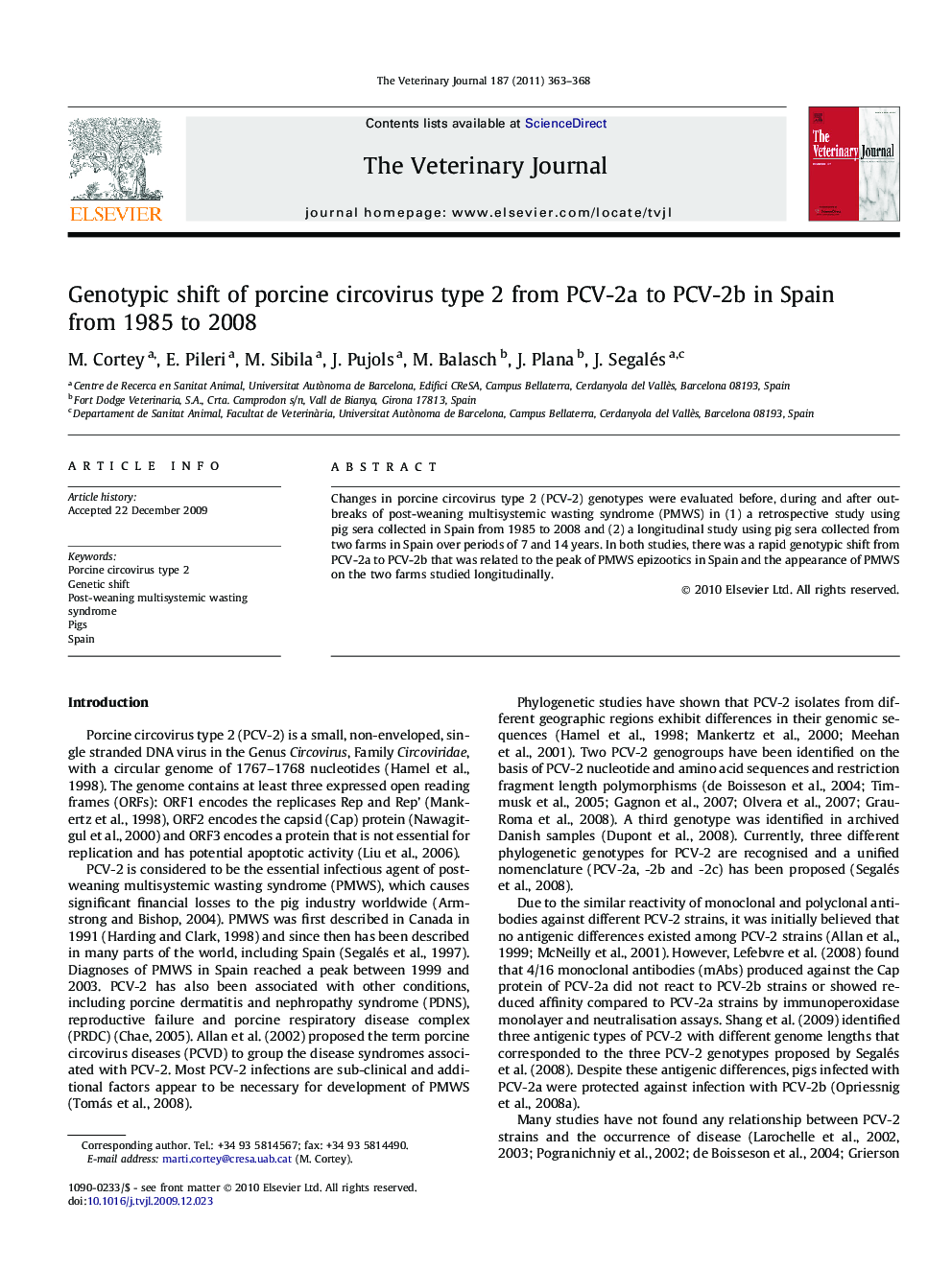 Genotypic shift of porcine circovirus type 2 from PCV-2a to PCV-2b in Spain from 1985 to 2008