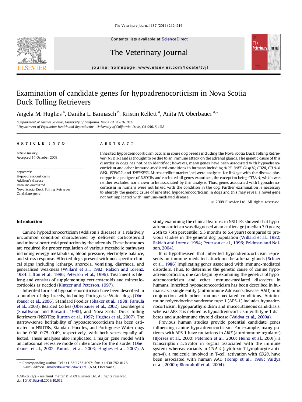 Examination of candidate genes for hypoadrenocorticism in Nova Scotia Duck Tolling Retrievers