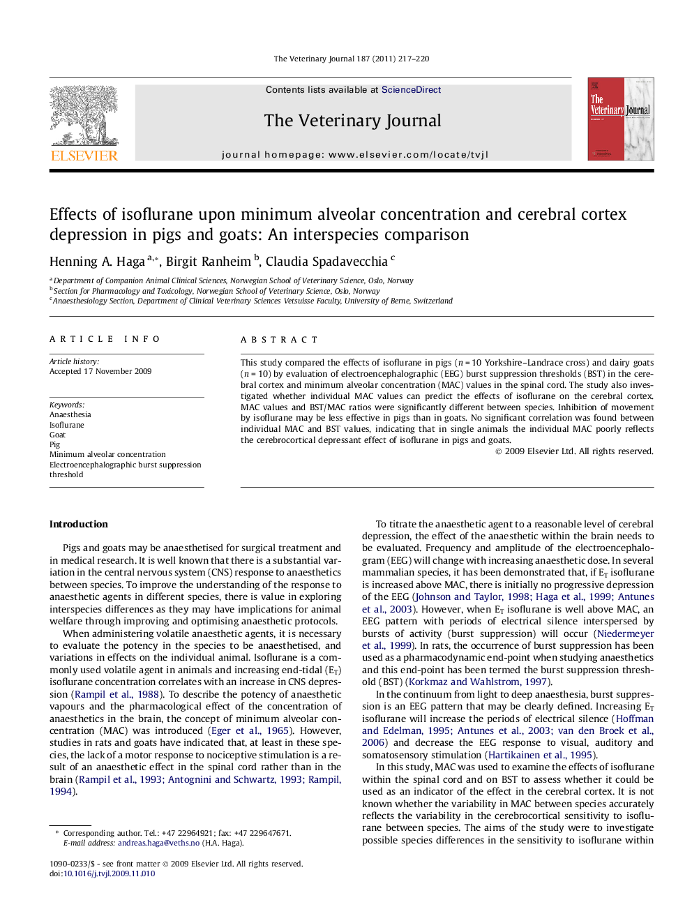 Effects of isoflurane upon minimum alveolar concentration and cerebral cortex depression in pigs and goats: An interspecies comparison