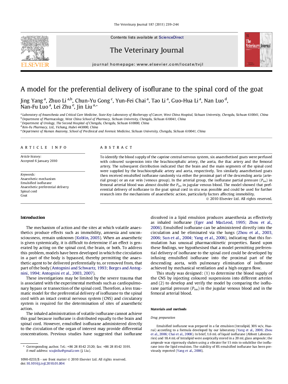 A model for the preferential delivery of isoflurane to the spinal cord of the goat