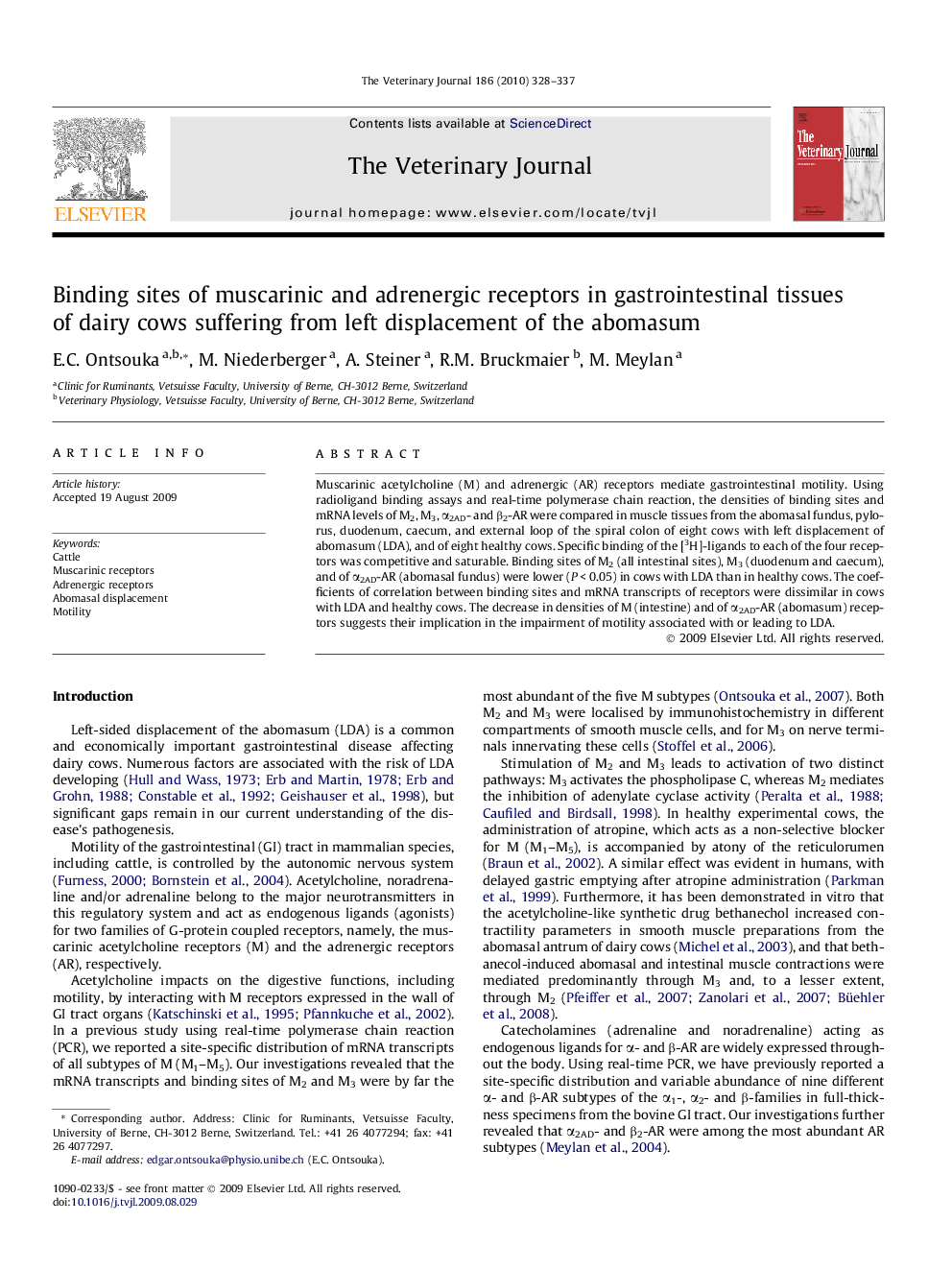 Binding sites of muscarinic and adrenergic receptors in gastrointestinal tissues of dairy cows suffering from left displacement of the abomasum