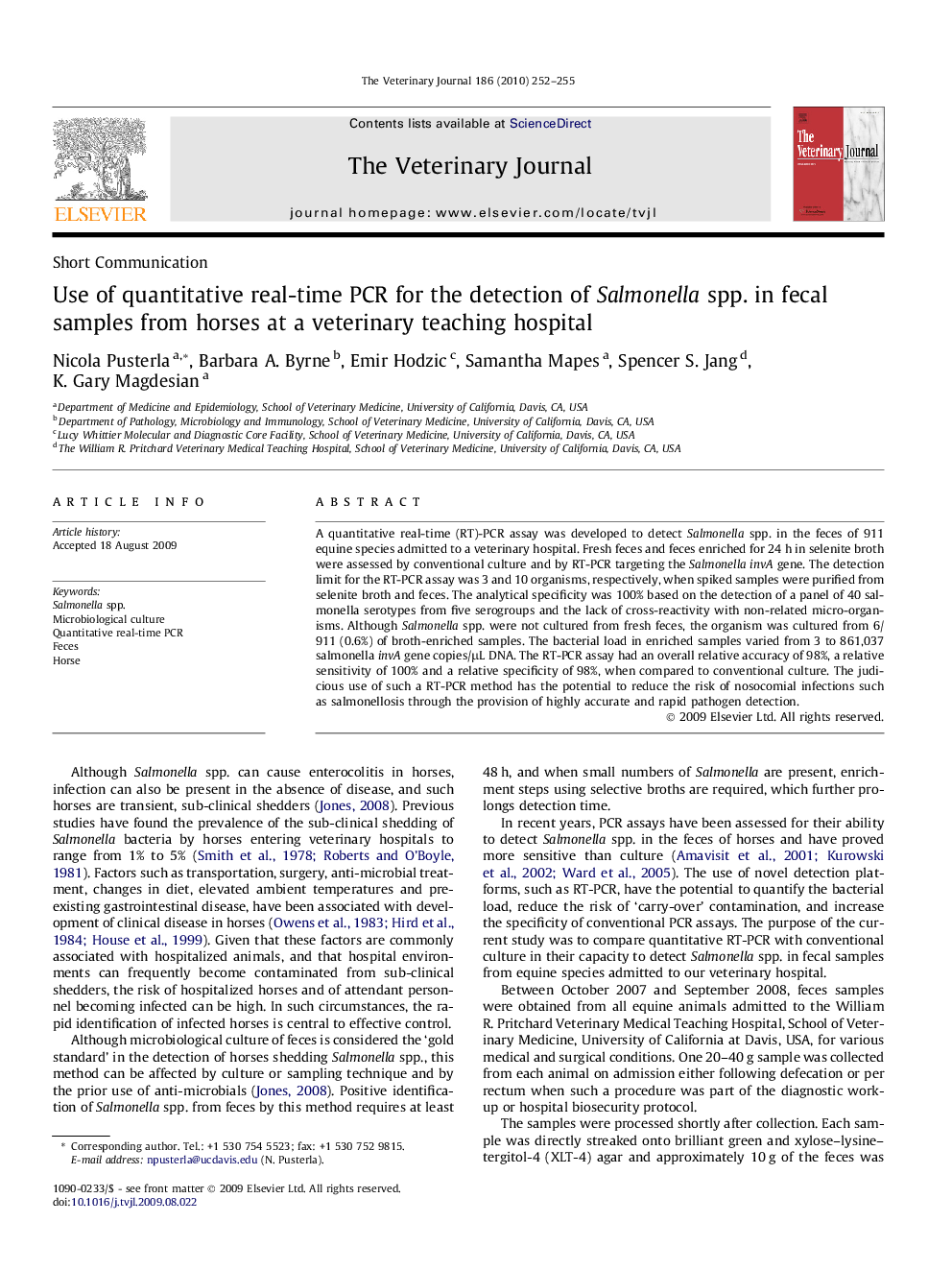 Use of quantitative real-time PCR for the detection of Salmonella spp. in fecal samples from horses at a veterinary teaching hospital