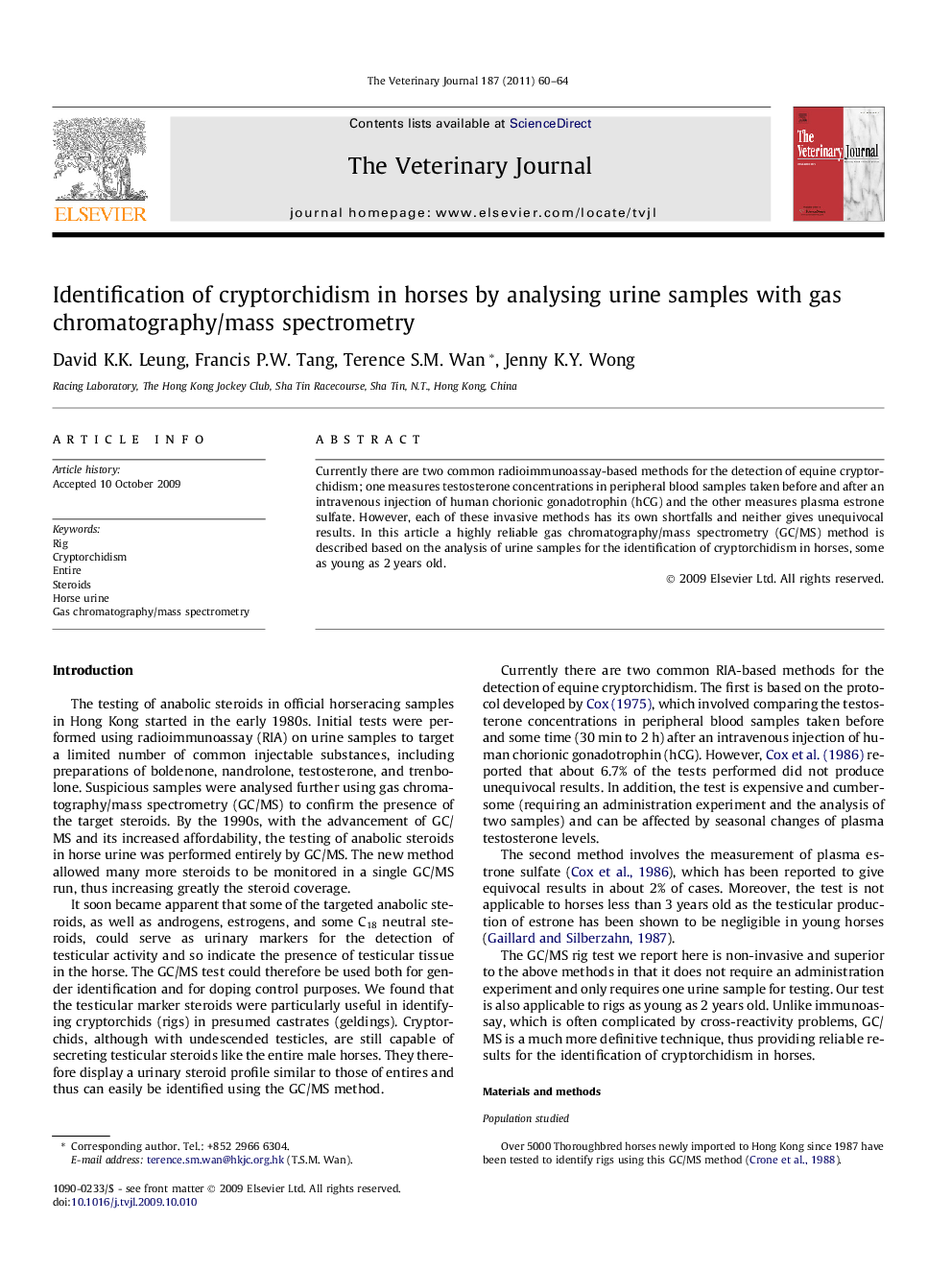 Identification of cryptorchidism in horses by analysing urine samples with gas chromatography/mass spectrometry