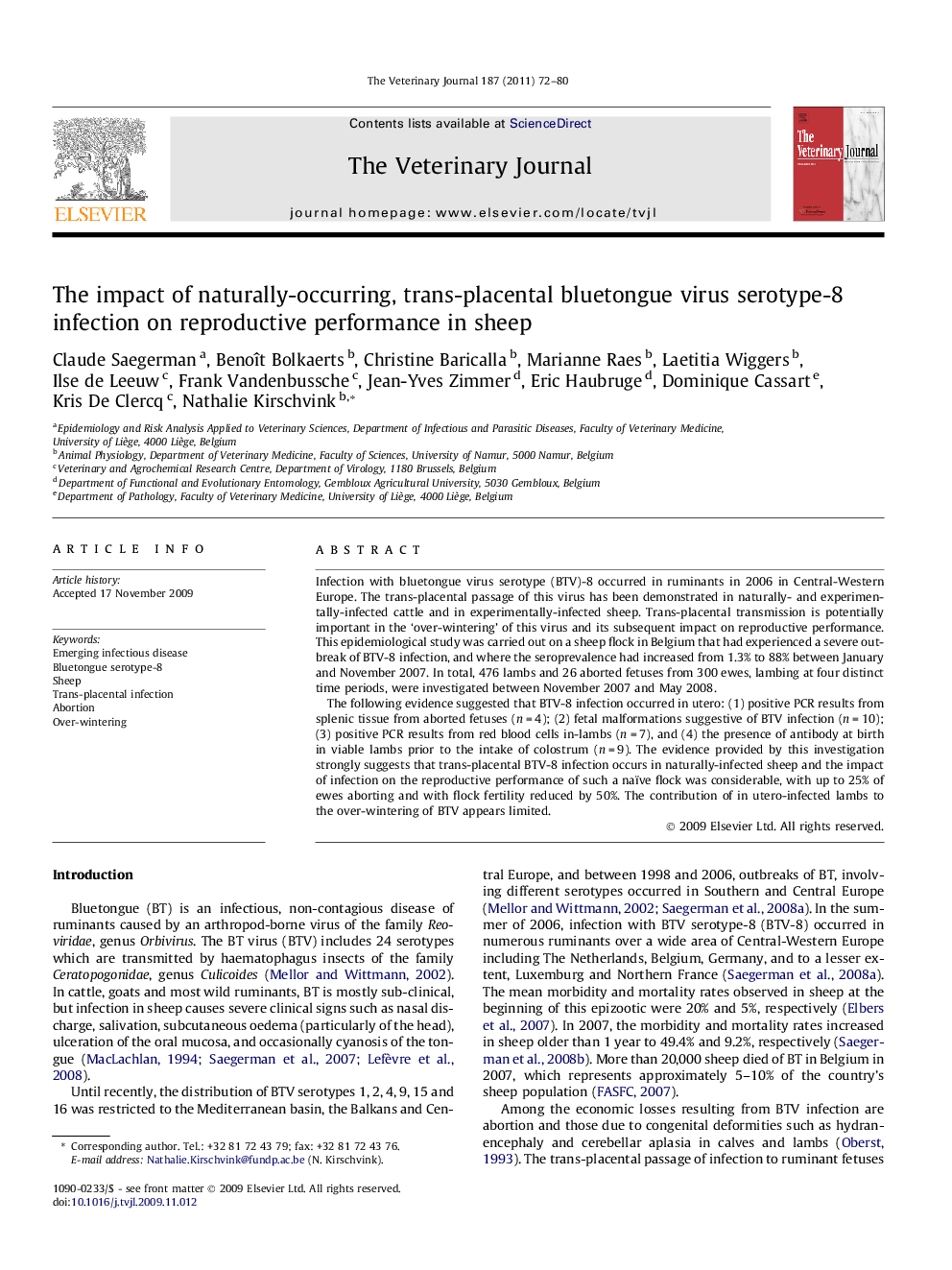 The impact of naturally-occurring, trans-placental bluetongue virus serotype-8 infection on reproductive performance in sheep