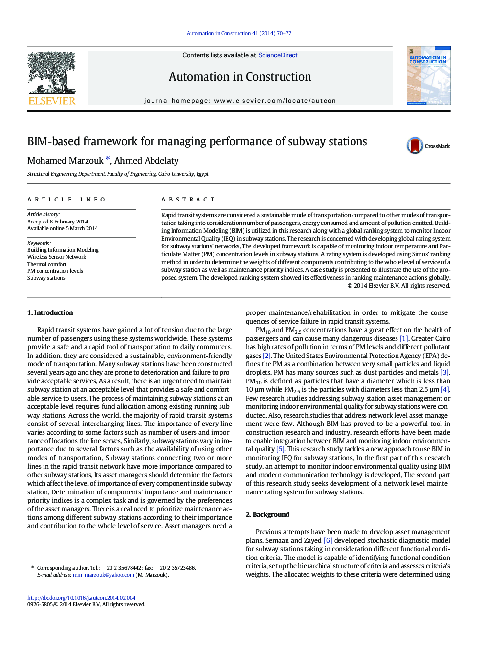 BIM-based framework for managing performance of subway stations