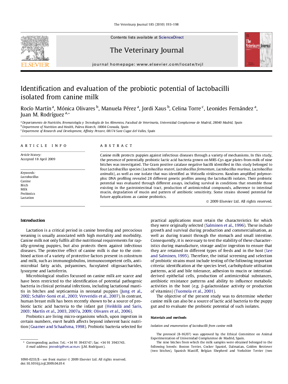 Identification and evaluation of the probiotic potential of lactobacilli isolated from canine milk