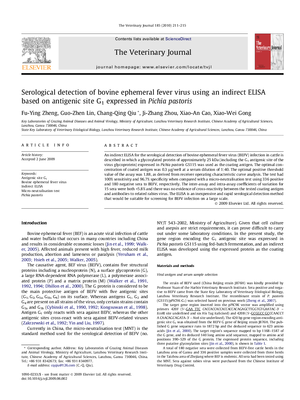 Serological detection of bovine ephemeral fever virus using an indirect ELISA based on antigenic site G1 expressed in Pichia pastoris