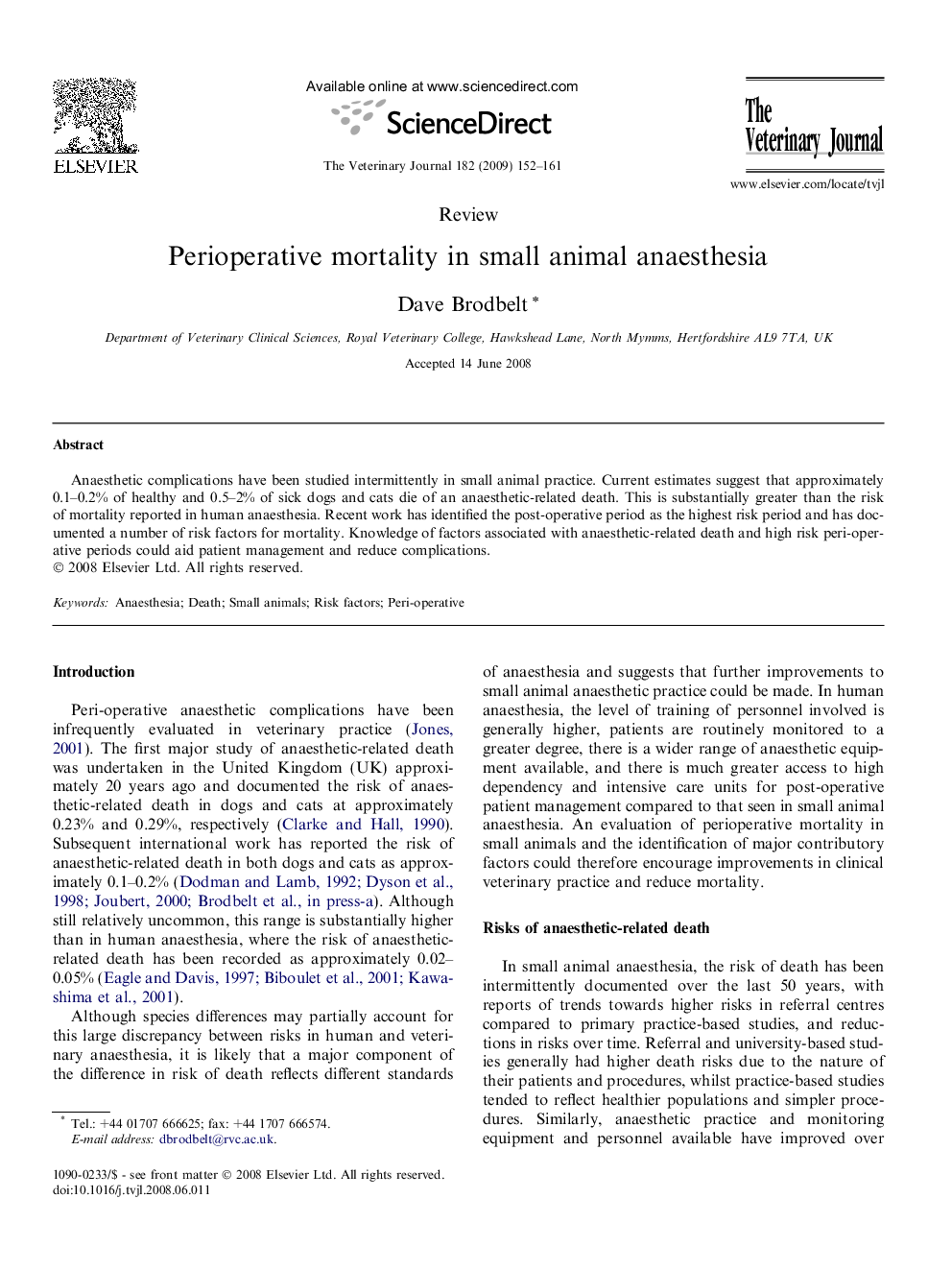 Perioperative mortality in small animal anaesthesia