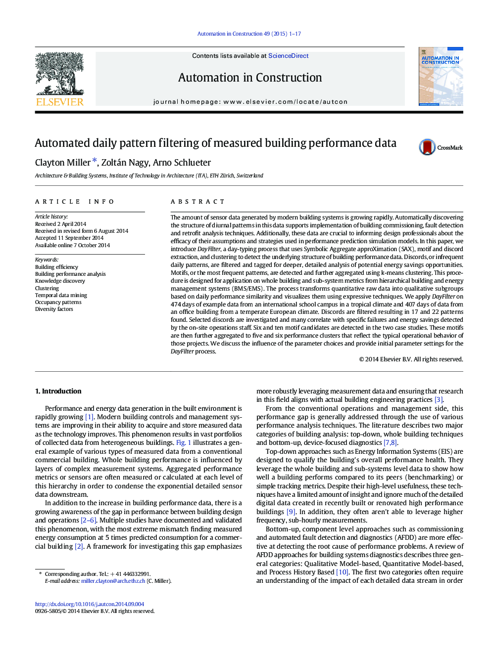 Automated daily pattern filtering of measured building performance data