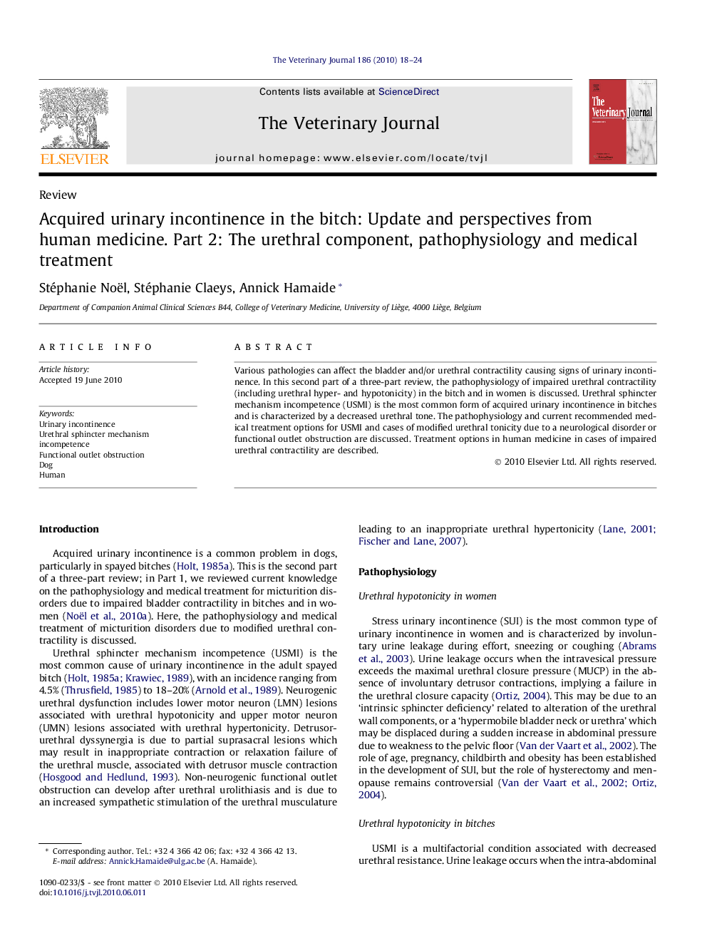 Acquired urinary incontinence in the bitch: Update and perspectives from human medicine. Part 2: The urethral component, pathophysiology and medical treatment