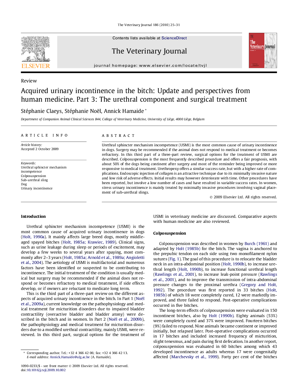 Acquired urinary incontinence in the bitch: Update and perspectives from human medicine. Part 3: The urethral component and surgical treatment