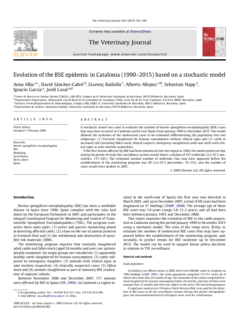 Evolution of the BSE epidemic in Catalonia (1990–2015) based on a stochastic model