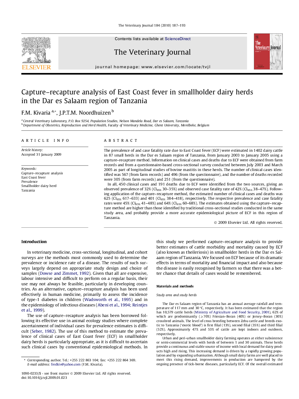 Capture–recapture analysis of East Coast fever in smallholder dairy herds in the Dar es Salaam region of Tanzania