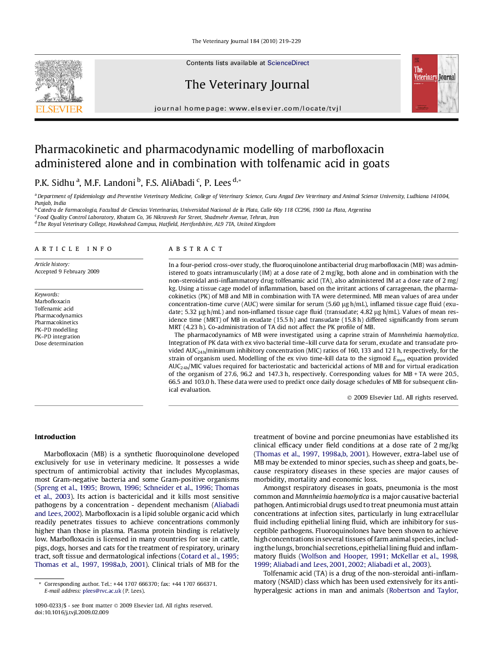 Pharmacokinetic and pharmacodynamic modelling of marbofloxacin administered alone and in combination with tolfenamic acid in goats