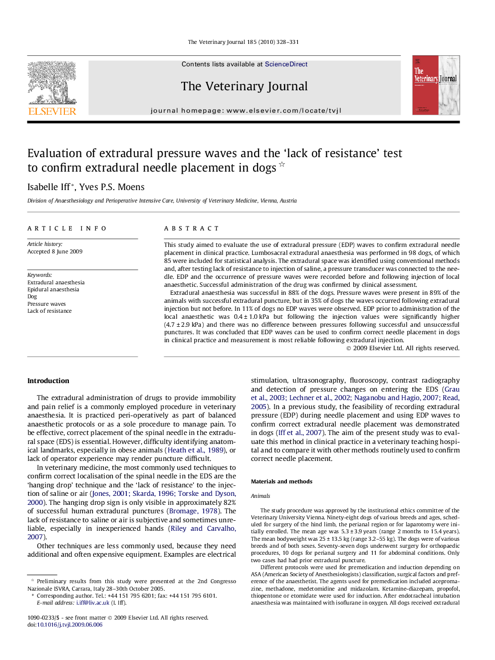 Evaluation of extradural pressure waves and the ‘lack of resistance’ test to confirm extradural needle placement in dogs 
