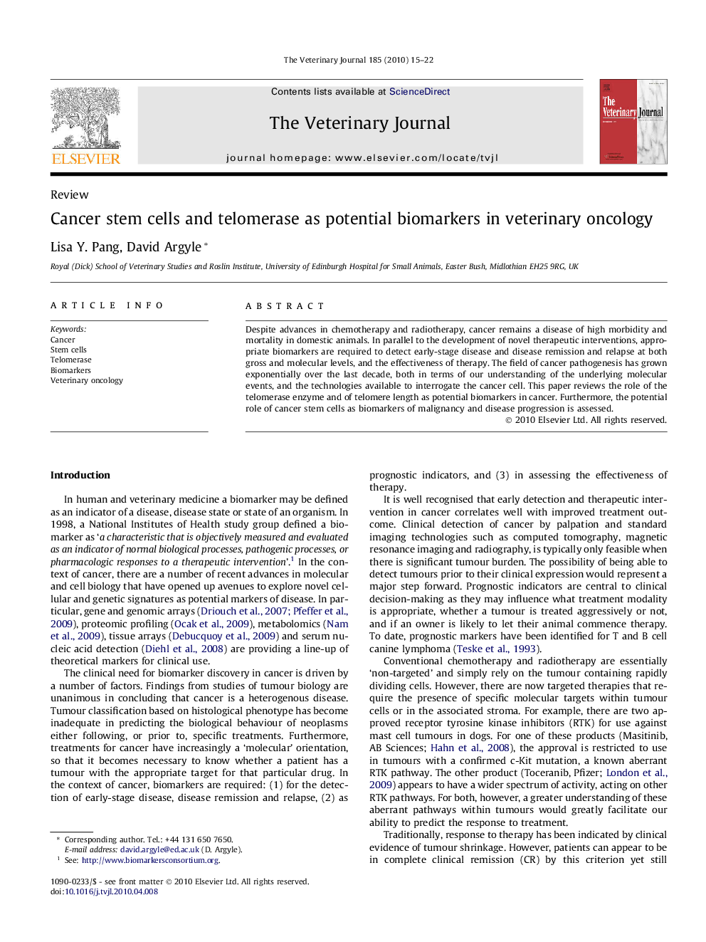 Cancer stem cells and telomerase as potential biomarkers in veterinary oncology