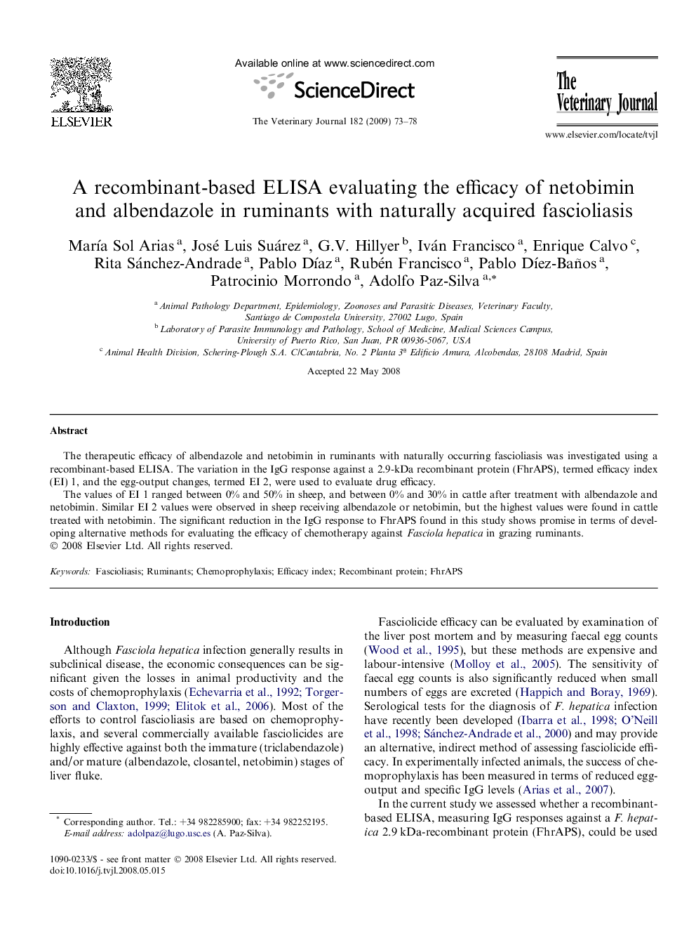 A recombinant-based ELISA evaluating the efficacy of netobimin and albendazole in ruminants with naturally acquired fascioliasis